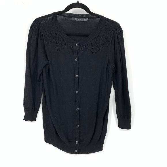 Modcloth MAK Cardigan Sweater Womens Sz Medium Black Pointelle Detail 3/4 Sleeve - Picture 1 of 6